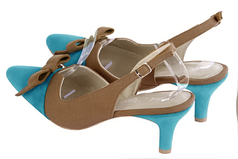 Turquoise blue and chocolate brown women's open back shoes, with a knot. Tapered toe. Medium slim heel. Rear view - Florence KOOIJMAN
